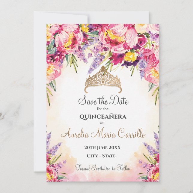 Save The Date Quinceañera en fleurs d'aquarelle (Devant)