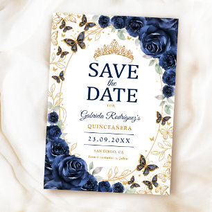 Save The Date Quinceanera Fleurie Bleu Marine Or