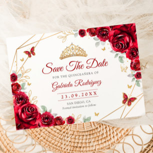 Save The Date Quinceanera Fleurs Roses Rouges Or