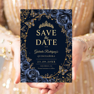 Save The Date Quinceanera Floral Bleu Marine Or