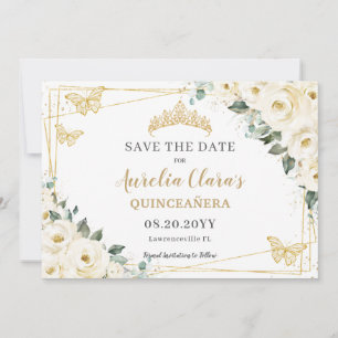 Save The Date Quinceanera florale blanche ivoire doux 16 papillo