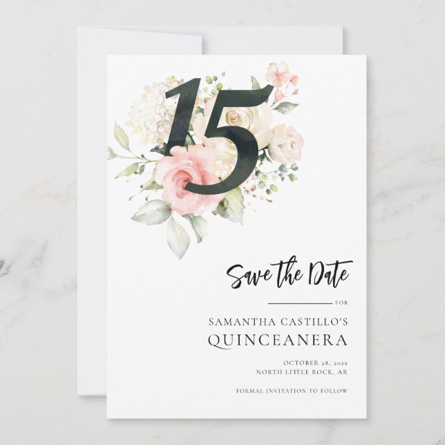 Save The Date Quinceanera florale rose 15e anniversaire (Devant)