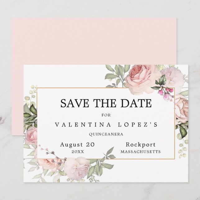 Save The Date Quinceanera florale rose pâle (Devant / Derrière)