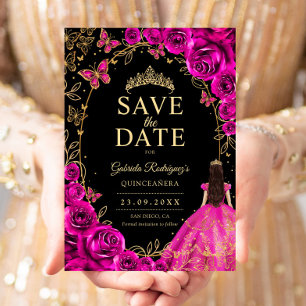 Save The Date Quinceanera Fuchsia Rose Noir Or
