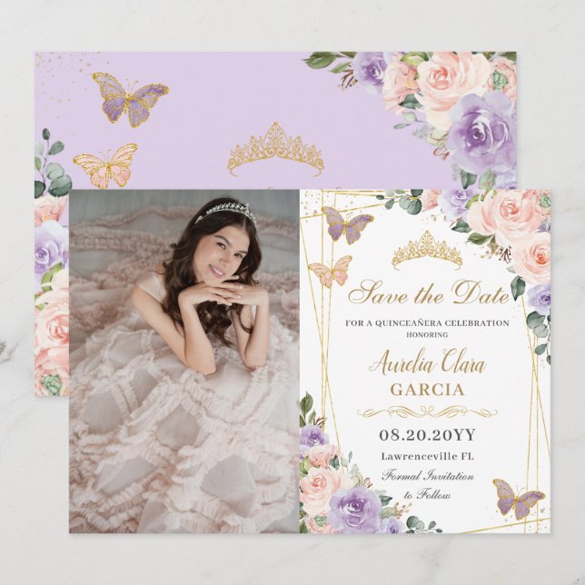 Save The Date Quinceañera Lilac Blush Floral Photo Anniversaire (Devant / Derrière)