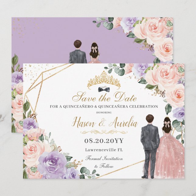 Save The Date Quinceañera Lilac Blush Floral Twins Garçon Girl (Devant / Derrière)