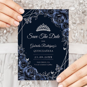 Save The Date Quinceanera Navy Argent Floral