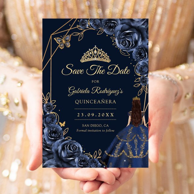 Save The Date Quinceanera Navy Blue Gold Butterfly Dress Floral (Créateur téléchargé)