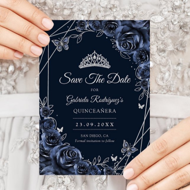 Save The Date Quinceanera Navy Silver Floral (Créateur téléchargé)