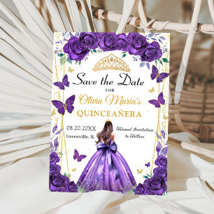 Save The Date Quinceañera Purple Floral Princess Papillons