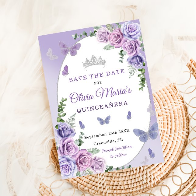 Save The Date Quinceañera Purple Lilac Floral Tiara Papillons (Créateur téléchargé)