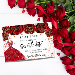 Save The Date Quinceanera robe rouge flores blanc glamour