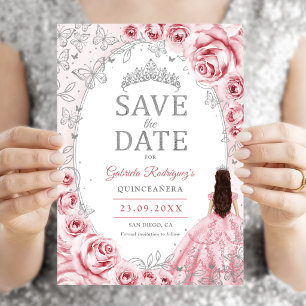 Save The Date Quinceanera Rose Argent Floral