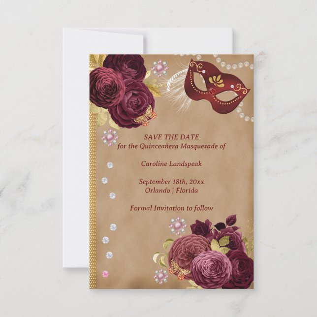 Save The Date Quinceañera Rouge Rose Gold Red Masquerade (Devant)