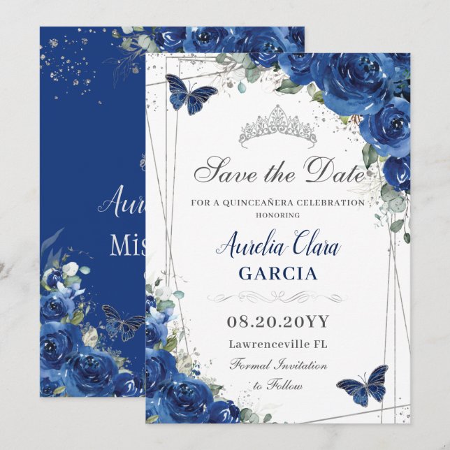 Save The Date Quinceañera Royal Blue Floral Papillons Anniversai (Devant / Derrière)
