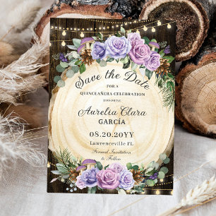 Save The Date Quinceañera Rustique Violet Floral Enchantée Forêt