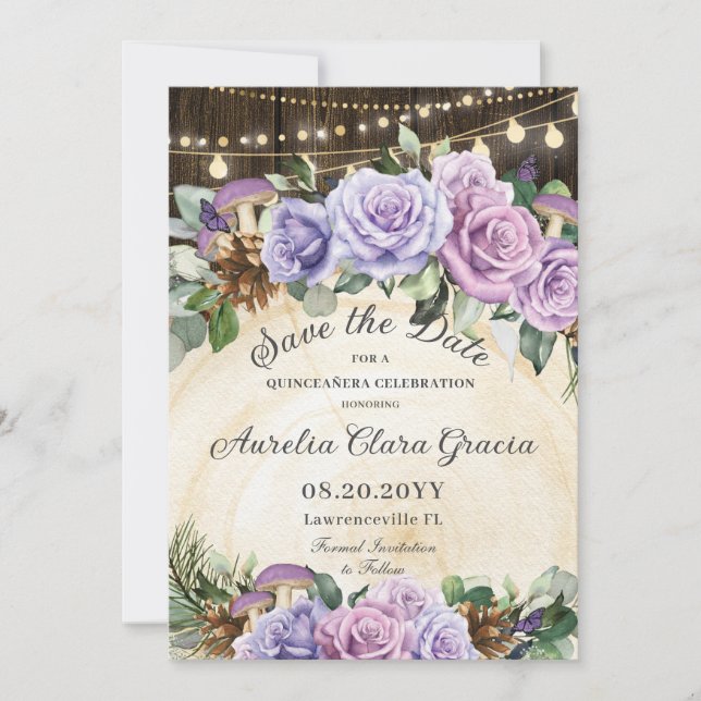 Save The Date Quinceañera Rustique Violet Floral Enchantée Forêt (Devant)