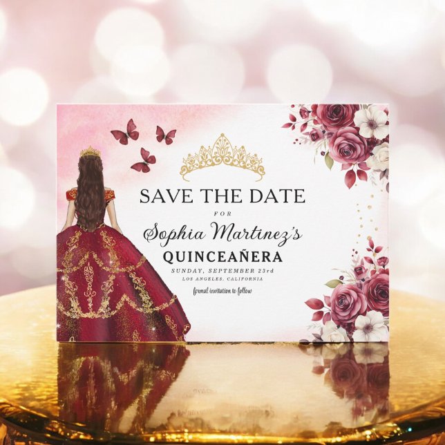 Save The Date Quinceanera Sauvez la date Floral Bourgogne (Créateur téléchargé)