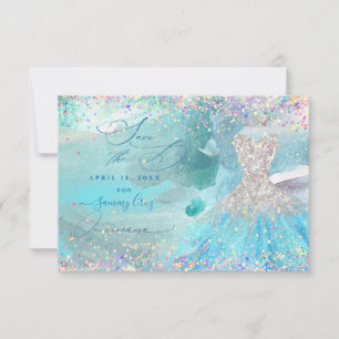 Save The Date Quinceanera Sauvez la date Silver Aqua Blue robe