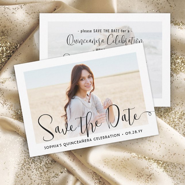 Save The Date Quinceañera Script tendance Chic Modern 2 Photo (Créateur téléchargé)