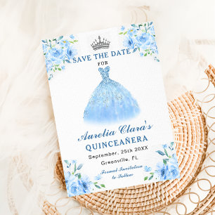 Save The Date Quinceanera Silver Blue Floral Gown
