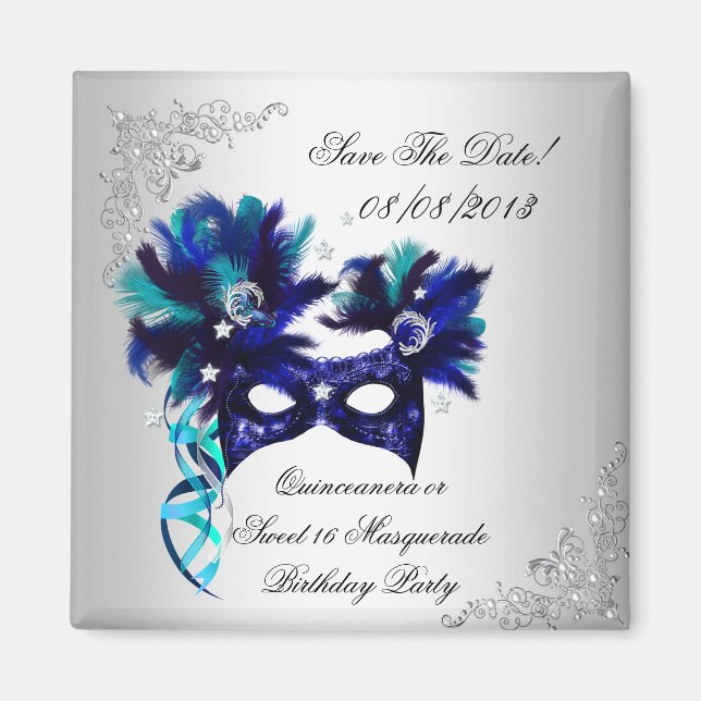 Save The Date Quinceanera Sweet 16 Masquerade Blue Magnet (Front)