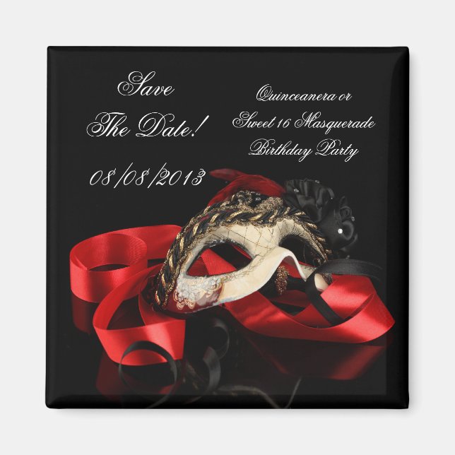 Save The Date Quinceanera Sweet 16 Masquerade Red Magnet (Front)