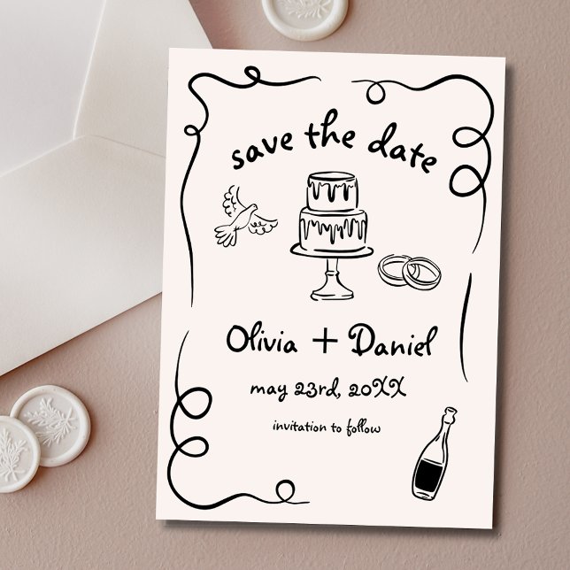 Save The Date Quirky Whimsical Main tiré Mariage Français (Créateur téléchargé)
