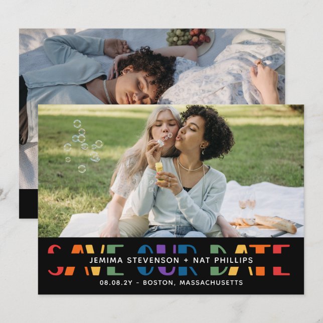 Save The Date Rainbow Letters Black LGBTQ+ Typographie Photo Enr (Devant / Derrière)