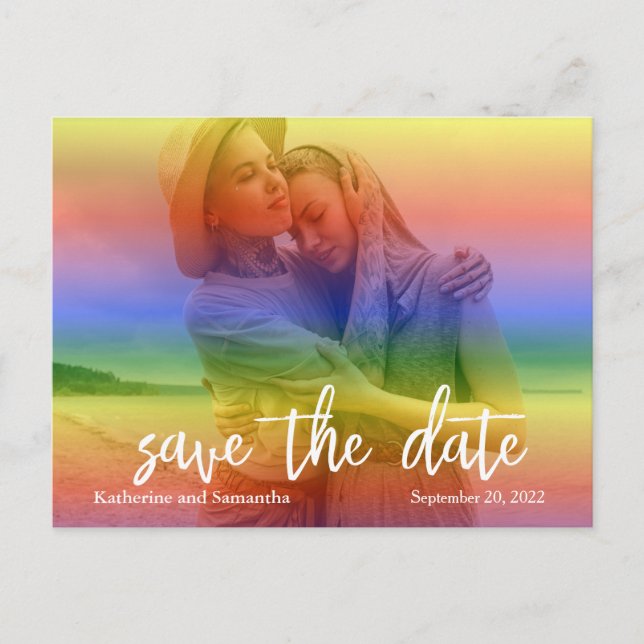 Save the Date Rainbow Overlay Modern Gay  Announcement Postcard (Front)