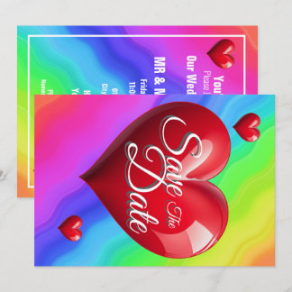 Save The Date Rainbow Wedding Red 3 Hearts Invitation