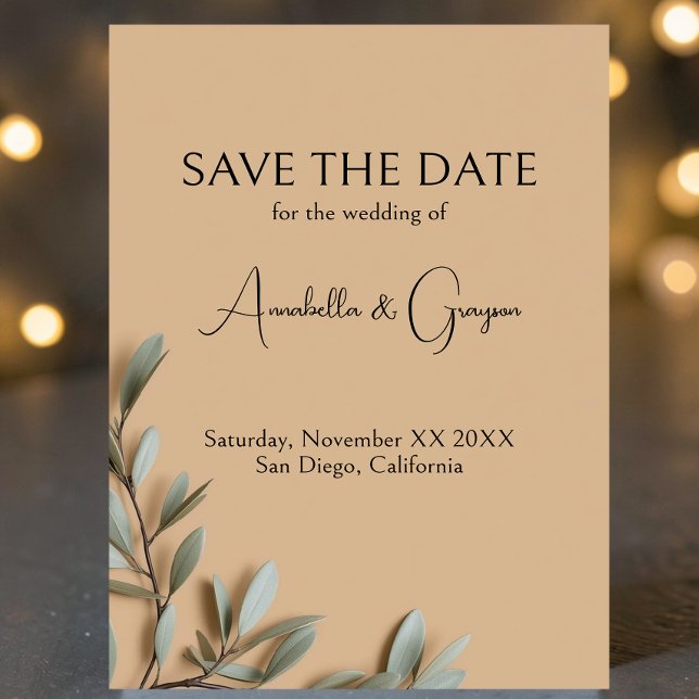Save The Date Rameaux d'olivier sur mariage beige élégant (Créateur téléchargé)