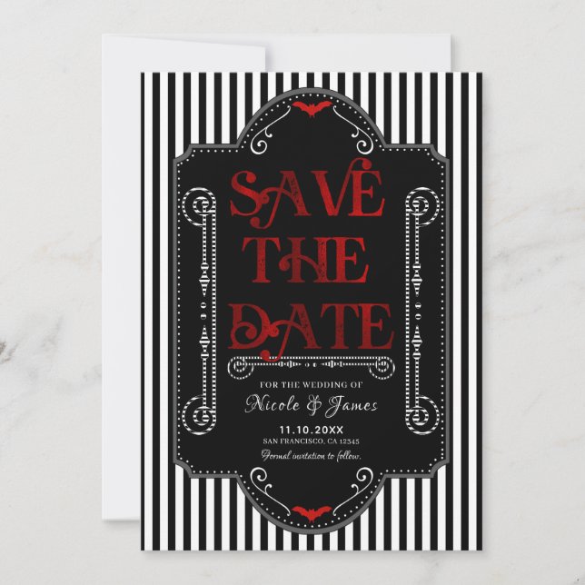 Save The Date Rayures noires et blanches Mariage chauve-souris g (Devant)