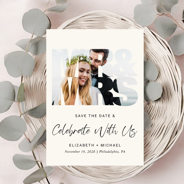 Save The Date Réception De Mariage De Crème Photo Moderne (A chic Save The Date photo announcement for a post-wedding reception to celebrate your marriage)