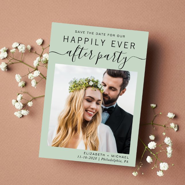 Save The Date Réception de mariage moderne Photo Sage vert (A stylish save the date announcement for a reception to celebrate your elopement or private wedding)