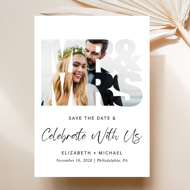 Save The Date Réception de mariage photo moderne (A chic Save The Date photo announcement for a post-wedding reception to celebrate your marriage)