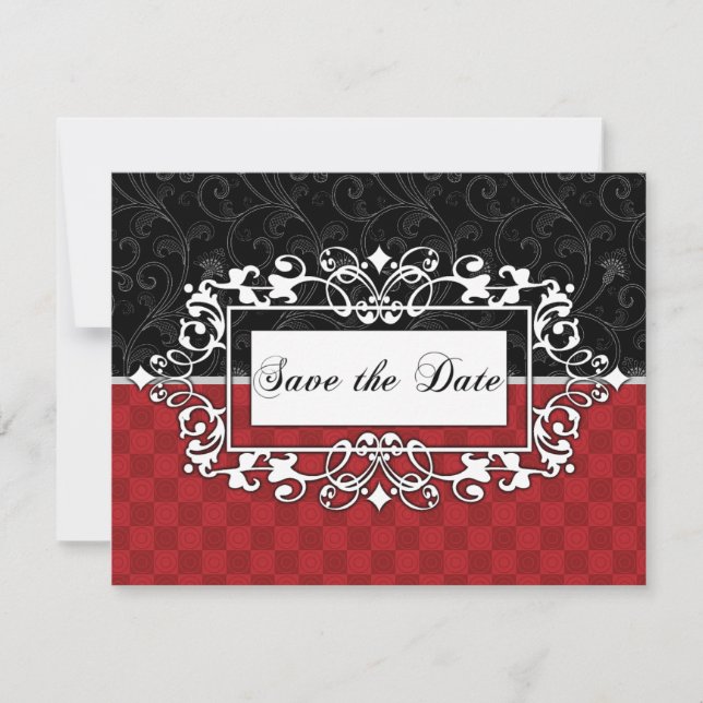 Save the Date Red and Black Elegant Scroll Custom Invitation (Front)