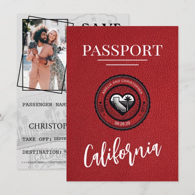 Save The Date Red California Passport Enregistrer La Date (Devant / Derrière)