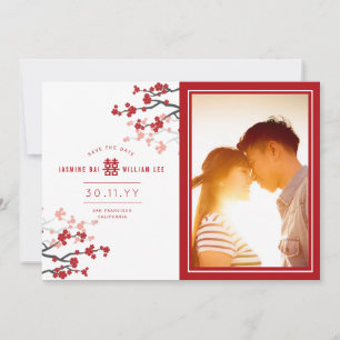 Save The Date Red Cherry Blossoms Chinois Double Bonheur Photo