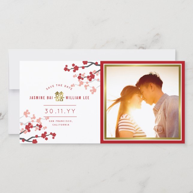 Save The Date Red Cherry Blossoms Chinois Double Bonheur Photo (Devant)