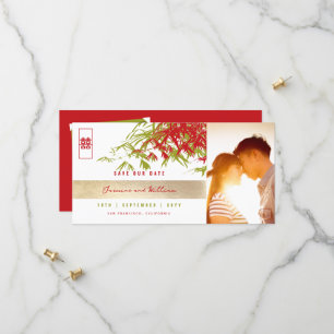 Save The Date Red Green Zen Bamboo Feuille Photo Mariage chinois