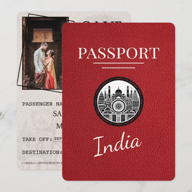 Save The Date Red India Passport Enregistrer La Date (Devant / Derrière)