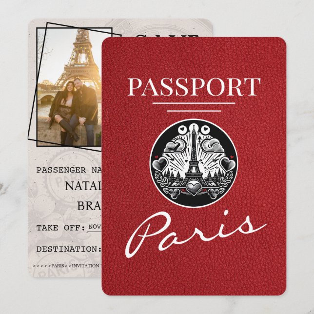 Save The Date Red Paris Passport Enregistrer La Date (Devant / Derrière)