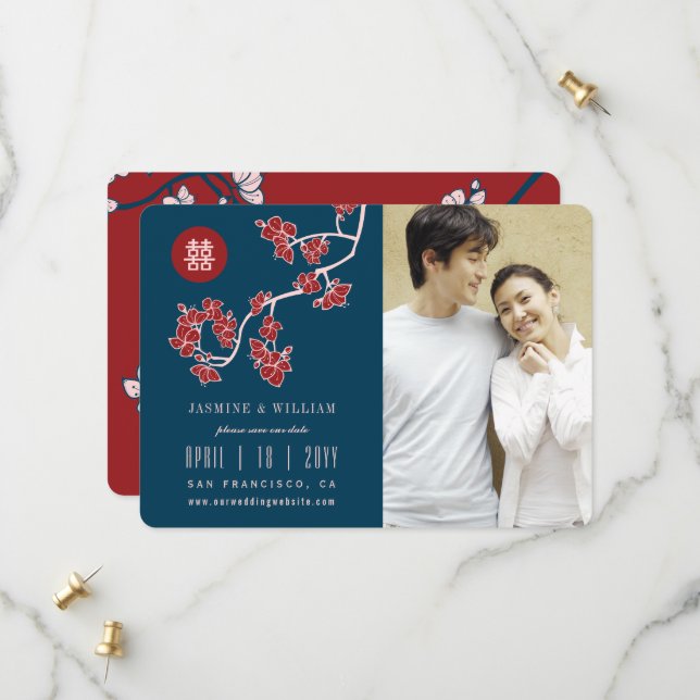 Save The Date Red Peach Blossoms chinois Double Happy Photo (Devant/Arrière en situation)