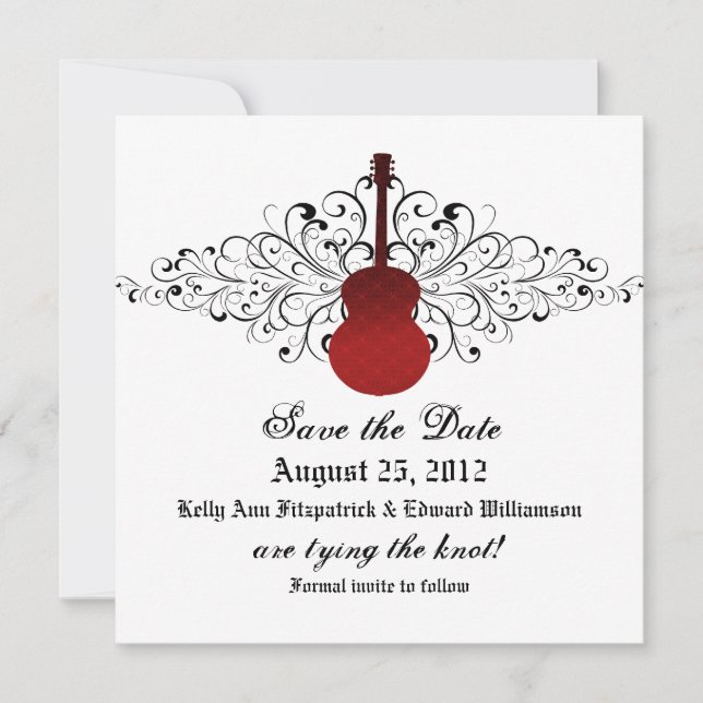 Save The Date Red Swirls Guitar Enregistrer l'Invitation de date (Devant)