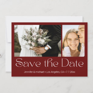 save the date red white 2 photos collage wedding  card