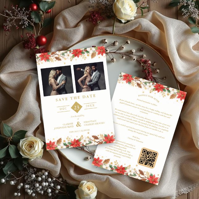 Save The Date Refined Classic Christmas Garland Wedding (Refined Sophisticated Classic Christmas Garland Wedding Save the Date Cards with Two Photos and Back)