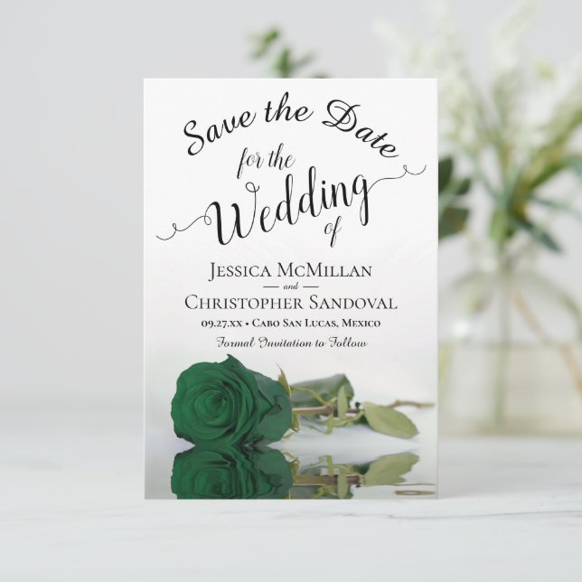 Save The Date Reflet Emerald Green Rose Mariage romantique (Debout devant)