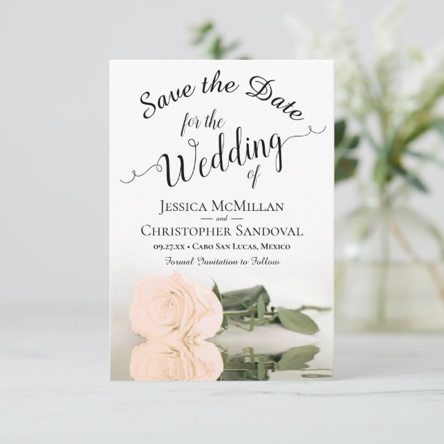 Save The Date Reflet Pale Peach Rose Mariage romantique (Debout devant)