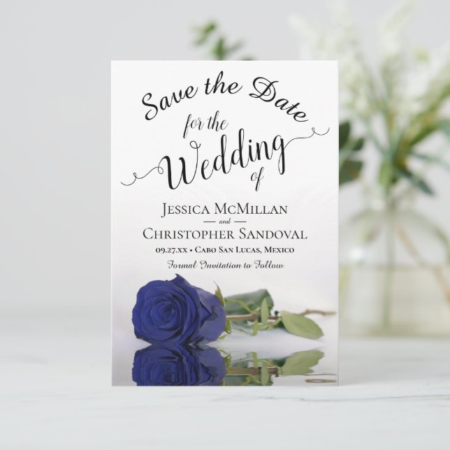Save The Date Reflet Rose bleu de la Marine Mariage romantique (Debout devant)